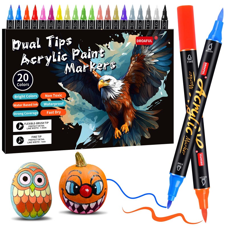 Droaful Acrylic Paint Pens Markers, 20 Colors Dual Tips Waterproof Paint Markers For Rock Painting, Fabric, Metal, Glass, Wood, Canvas, Ceramic, Plastic, Non-Toxic & Odor, Premium Art And DIY Craft Supplies - Image 1