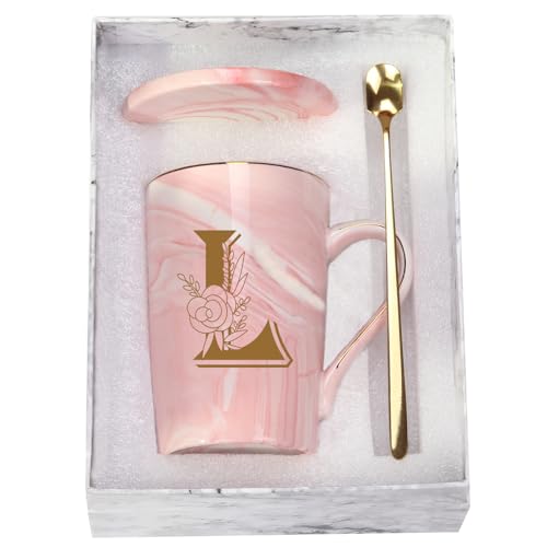 WENSSY Letter L Personalized Initial Mugs with Flower, Letter L Personalized Novelty Coffee Mug, Novelty Letter Coffee Mugs for Women, Bridal Shower Gifts, Women's Initials Gifts Coffee Mug 14 Ounce Pink - Image 1