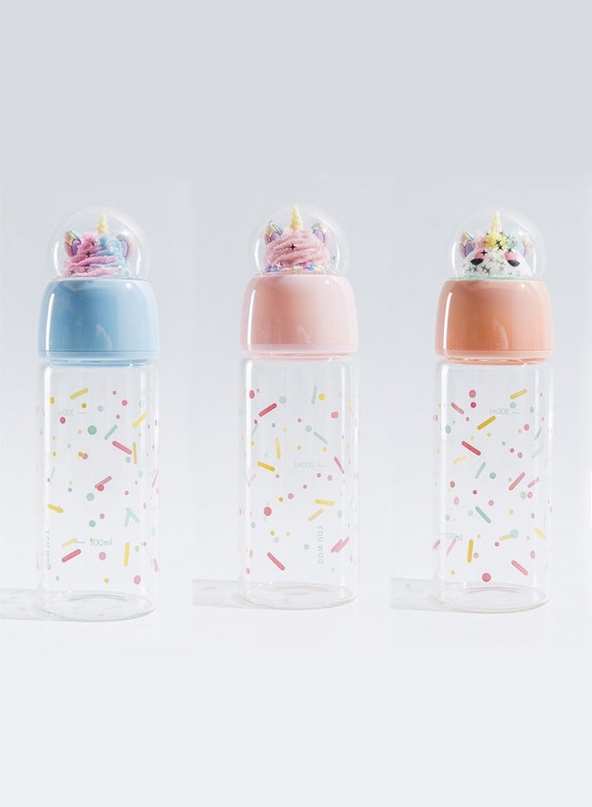 3-Piece 380ml Cartoon Shaped Creative Glass Clear Rainbow Glitter Drink Milk Water Juice Bottle  - Image 2