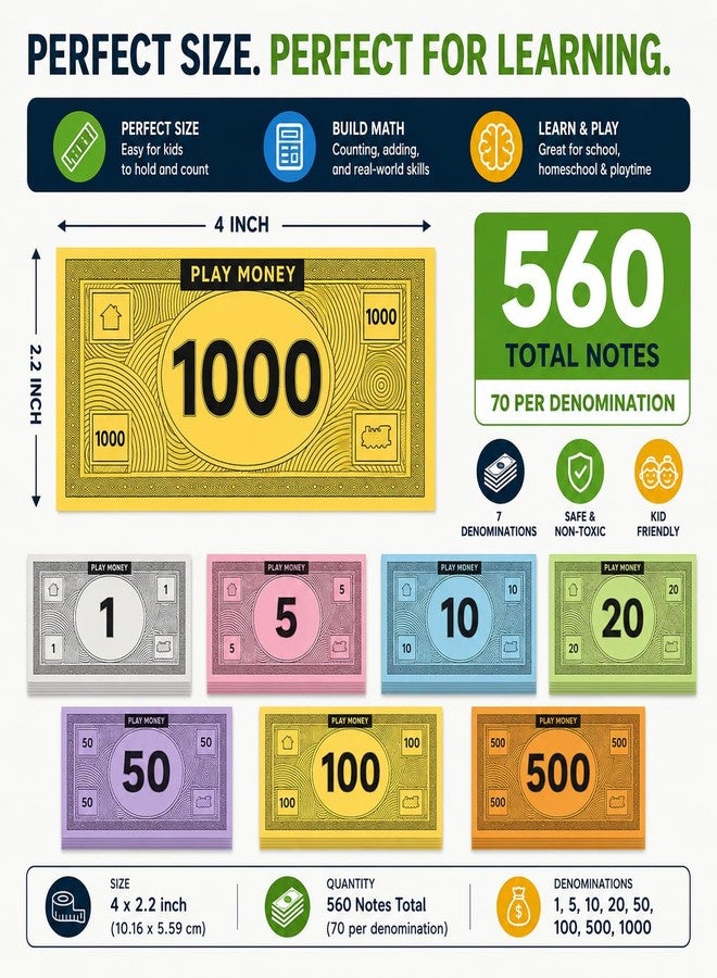 Zadin Play Money Compatible for Monopoly Board Game - [UPGRADED] 560pcs of 70 Each Bill Denomination, Double Sides Printing Paper Money for Pretend Play Cashier, Prop Money, Fake Money - Image 3
