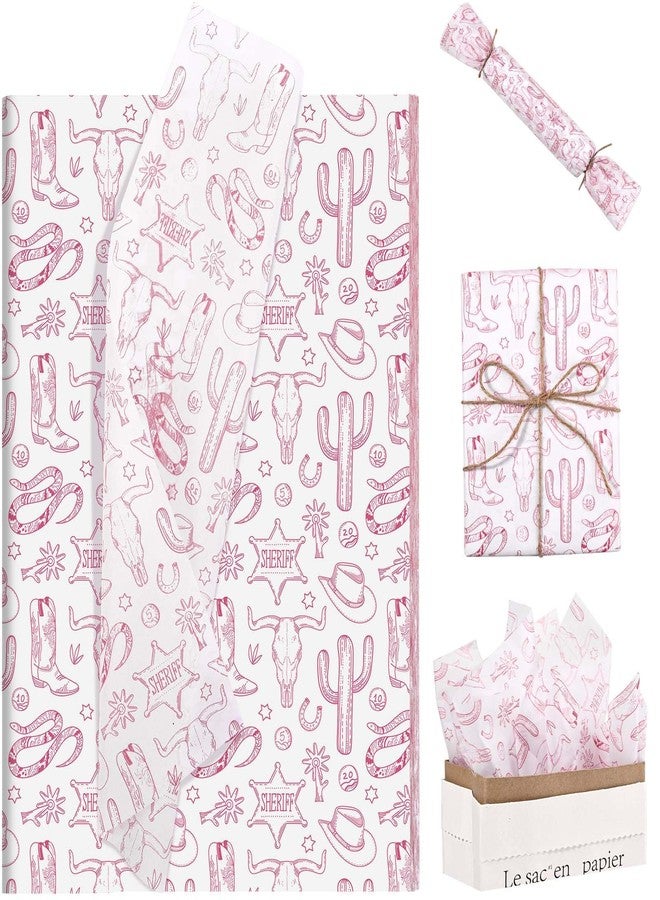 Bolsome 100Pcs 20 × 14 Inches Western Cowgirl Tissue Paper for Gift Bags Pink Cowboy Boots Hat Cactus Printed Tissue Paper for Gift Wrapping for Birthday Party Baby Shower DIY Craft Supplies - Image 1