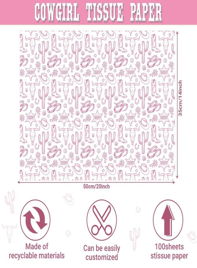 Bolsome 100Pcs 20 × 14 Inches Western Cowgirl Tissue Paper for Gift Bags Pink Cowboy Boots Hat Cactus Printed Tissue Paper for Gift Wrapping for Birthday Party Baby Shower DIY Craft Supplies - Image 2