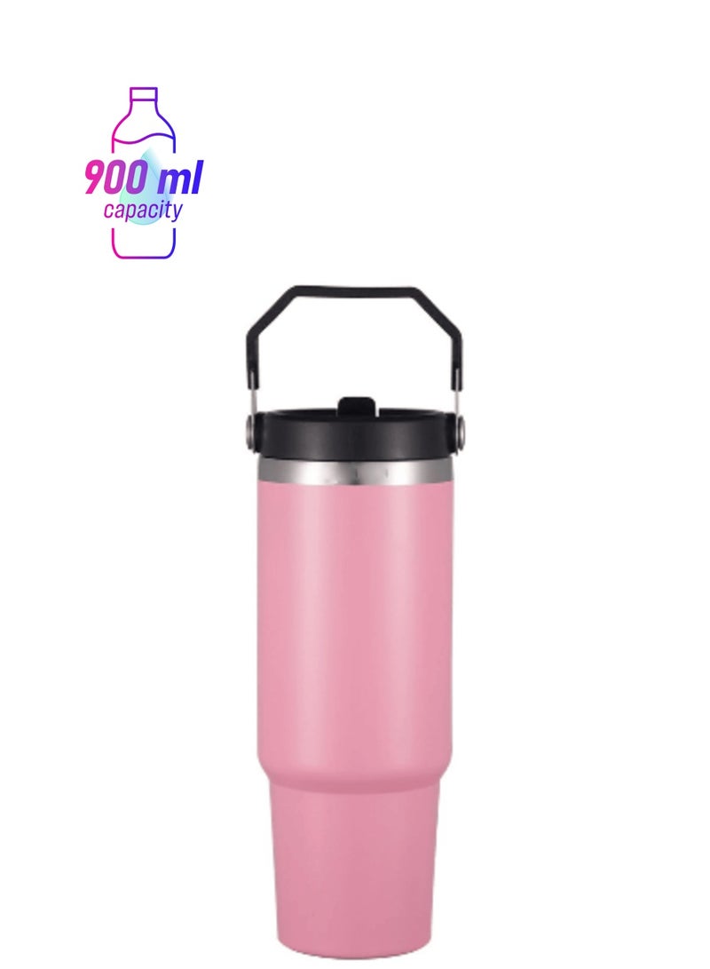 ELTRAZONE 900ml Stainless Steel Leak-Proof Travel Tumbler Mug – Double Wall Vacuum Insulated Sipper Bottle with Straw & Lid, Ideal for Car, Office, Travel & Gym (Pink) – Keeps Drinks Hot & Cold for Hours, Reusable & Durable - Image 1