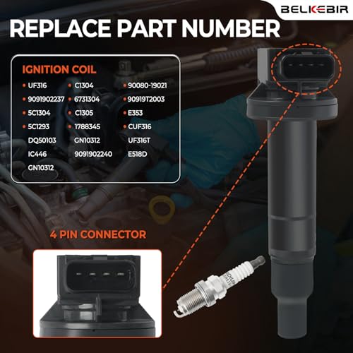 BELKEBIR Set of 4 Ignition Coil Pack & Iridium Spark Plugs Compatible with 1.5L 2001-2009 Toyota Prius, 2007-2018 Yaris, 2012-2019 Prius C, 2000-2005 Echo, 2004-2006 Scion XA XB Replace UF316 C1304 90080-19021 - Image 3