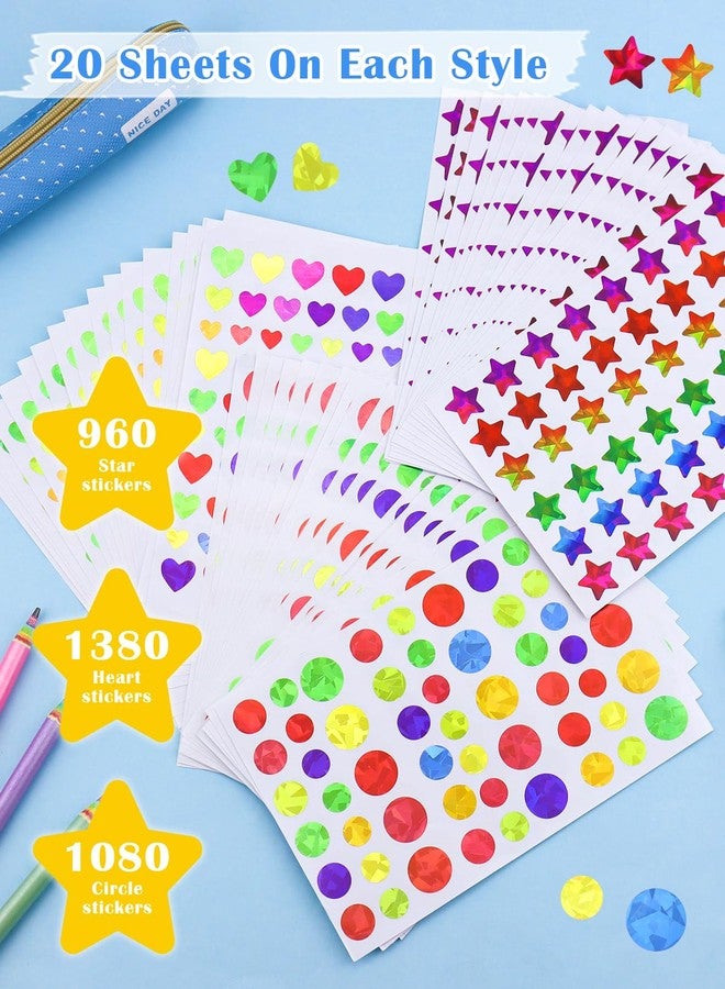 GAUENEEN 3420 Pcs Holographic Rainbow Stickers, Small Star Sticker for Kids Reward, Teacher Stickers for Students Planner, DIY Decorations (Star+ Heart+ Circle) - Image 3