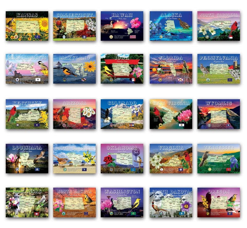 Postcard Fair U.S. State Map Postcard Set of 50. Modern post cards variety pack. Postcards with maps of all fifty states of the United States of America. Made in USA. - Image 2