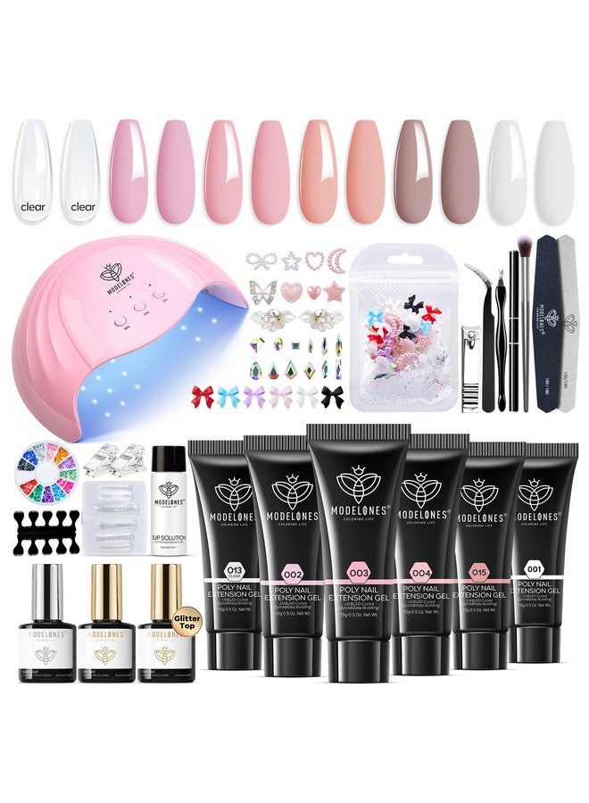 Modelones Poly Nail Gel Kit, 6 Colors Poly Extension Gel Clear Pink White with 48W Nail Lamp 3D Nail Charms Builder Slip Solution Complete Toe Nail Kit Supplies for Starter - Image 1