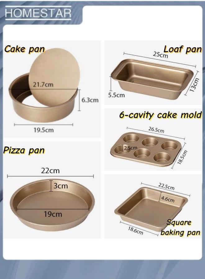 HOMESTAR 5-Piece Nonstick Bakeware Set, Gold Carbon Steel Baking Pans with Springform Cake Pan, Pizza Pan, Square Baking Tray, Loaf Pan & 6-Cup Muffin Tin, Oven Safe Bakeware Kit for Home Baking, Bakers Beginner - Image 2