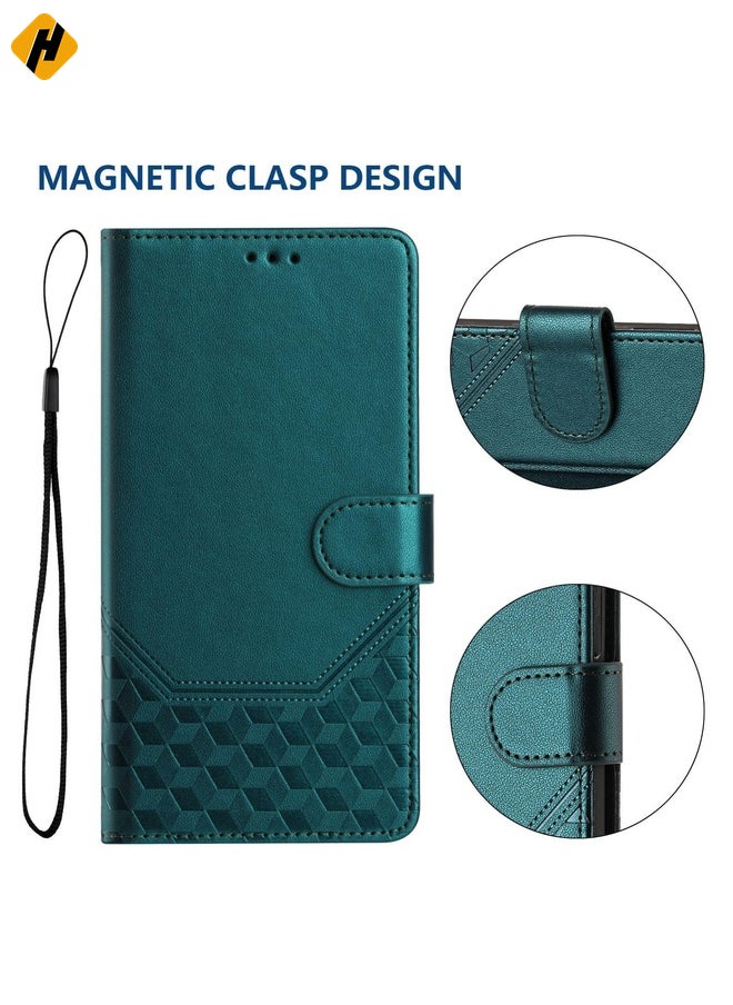 HuHa Case Cover For Tecno Camon 40 Pro 4G Honeycomb Embossing RFID Leather Phone Case(Peacock Green)  - Image 5
