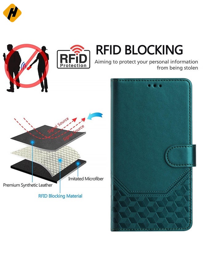HuHa Case Cover For Tecno Camon 40 Pro 4G Honeycomb Embossing RFID Leather Phone Case(Peacock Green)  - Image 4