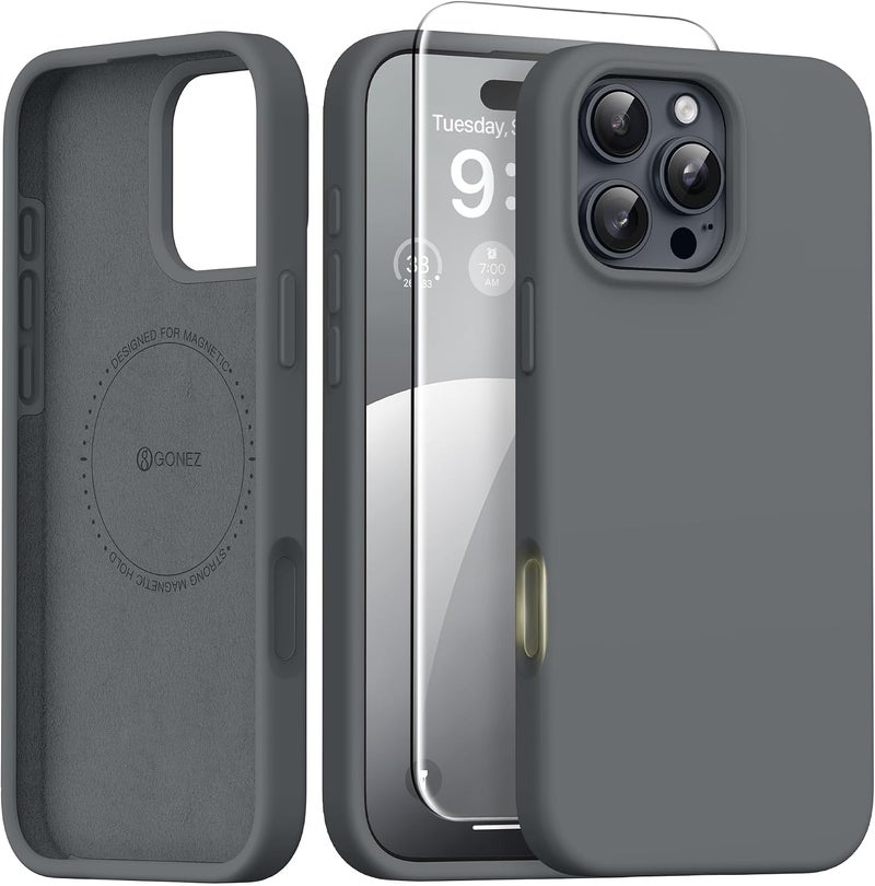 GONEZ Magnetic for iPhone 16 Pro Case, Compatible with MagSafe, [Screen Protector + Camera Lens Protector], Silicone Shockproof Anti-Scratch Protective Phone Case 6.3 inch, Deep Gray - Image 1