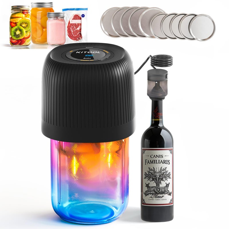 KITOOL Electric Mason Jar Vacuum Sealer Kit 4 in 1 Automatic Vacuum Sealer for Jars with External Assembly Vacuum Pump Compatible with Vacuum Bags Wine Bottle WideRegular Mouth Mason Jars