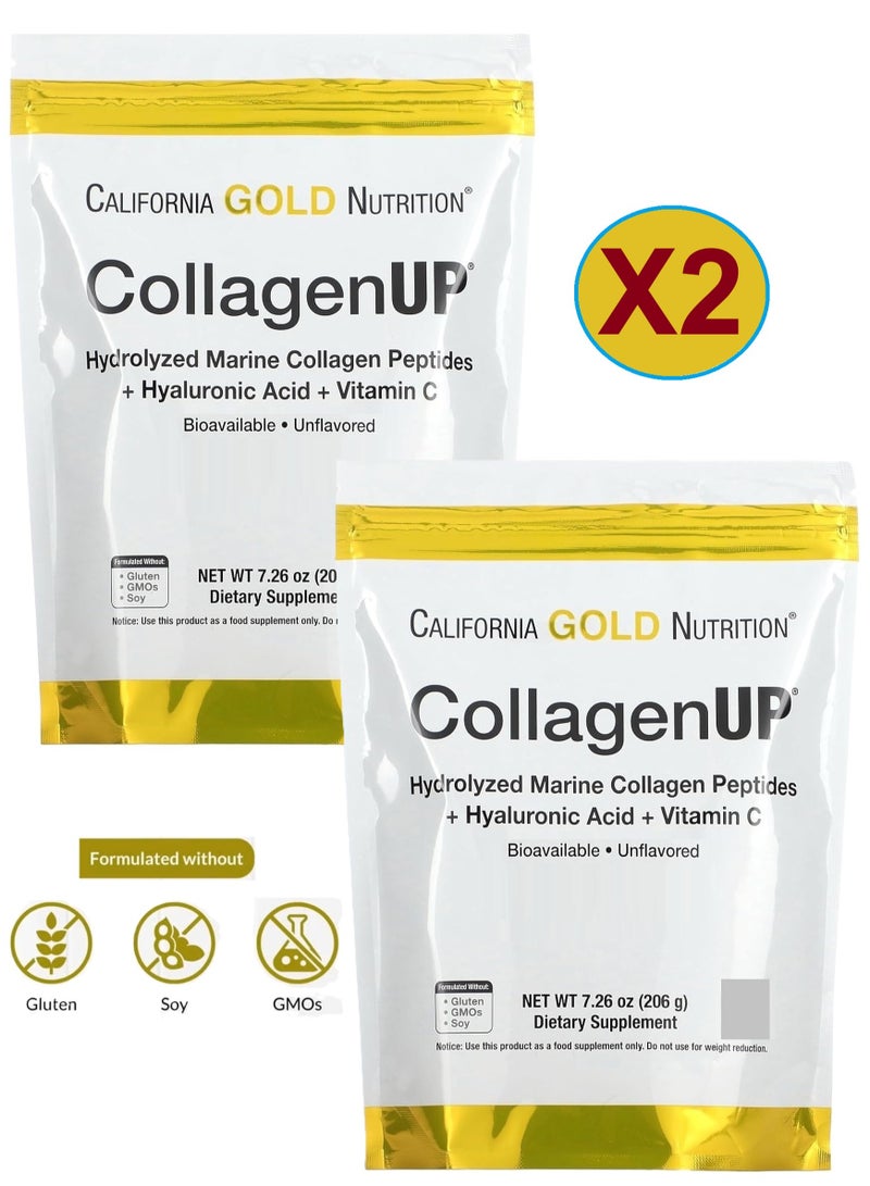California Gold Nutrition 2 Pack Collagen UP Hydrolyzed Marine Collagen Peptides with Hyaluronic Acid and Vitamin C Bioavailable, Unflavored 7.26 oz (206 g) Supports Healthy Hair, Skin, Nails, Joints and Bones - Image 1