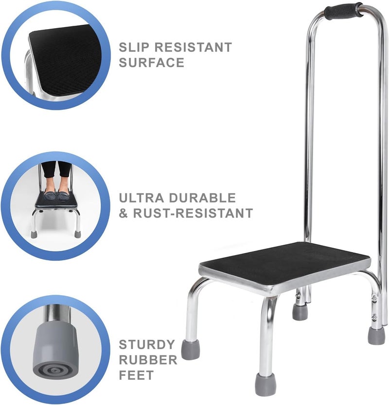 Vaunn Medical Foot Step Stool with Handle and Anti Skid Rubber Platform, Lightweight and Sturdy Stool for Children, Adults and Seniors, Chrome - Image 3