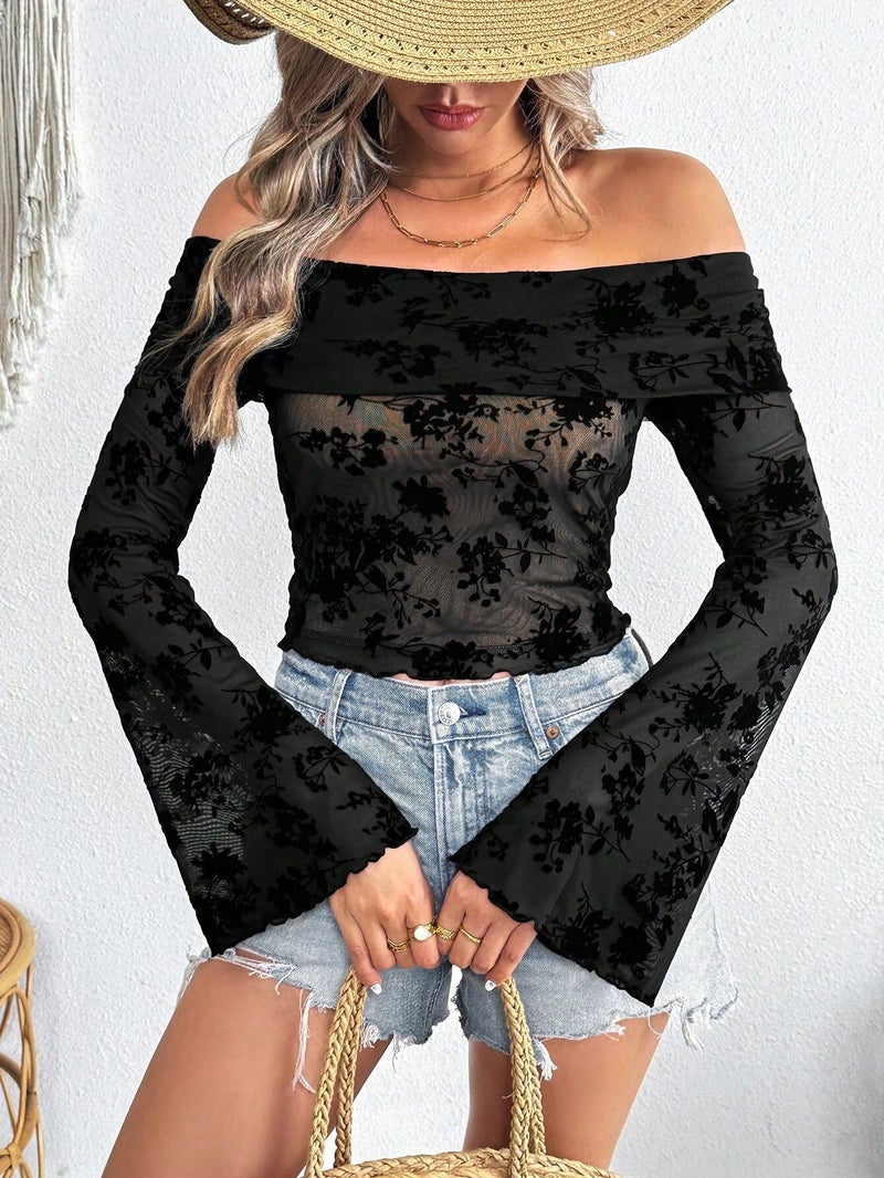 Women's Knitted Mesh Flocked Floral Print Off-Shoulder Flared Sleeve Fitted T-Shirt Top - Image 1