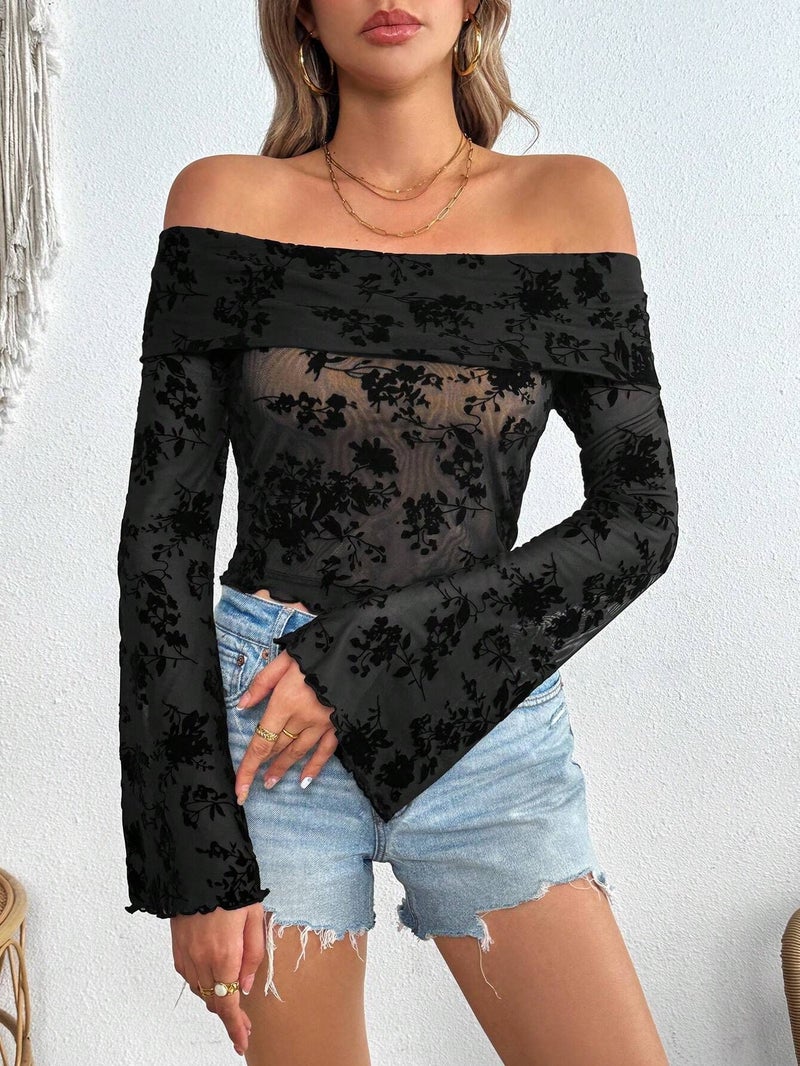 Women's Knitted Mesh Flocked Floral Print Off-Shoulder Flared Sleeve Fitted T-Shirt Top - Image 5