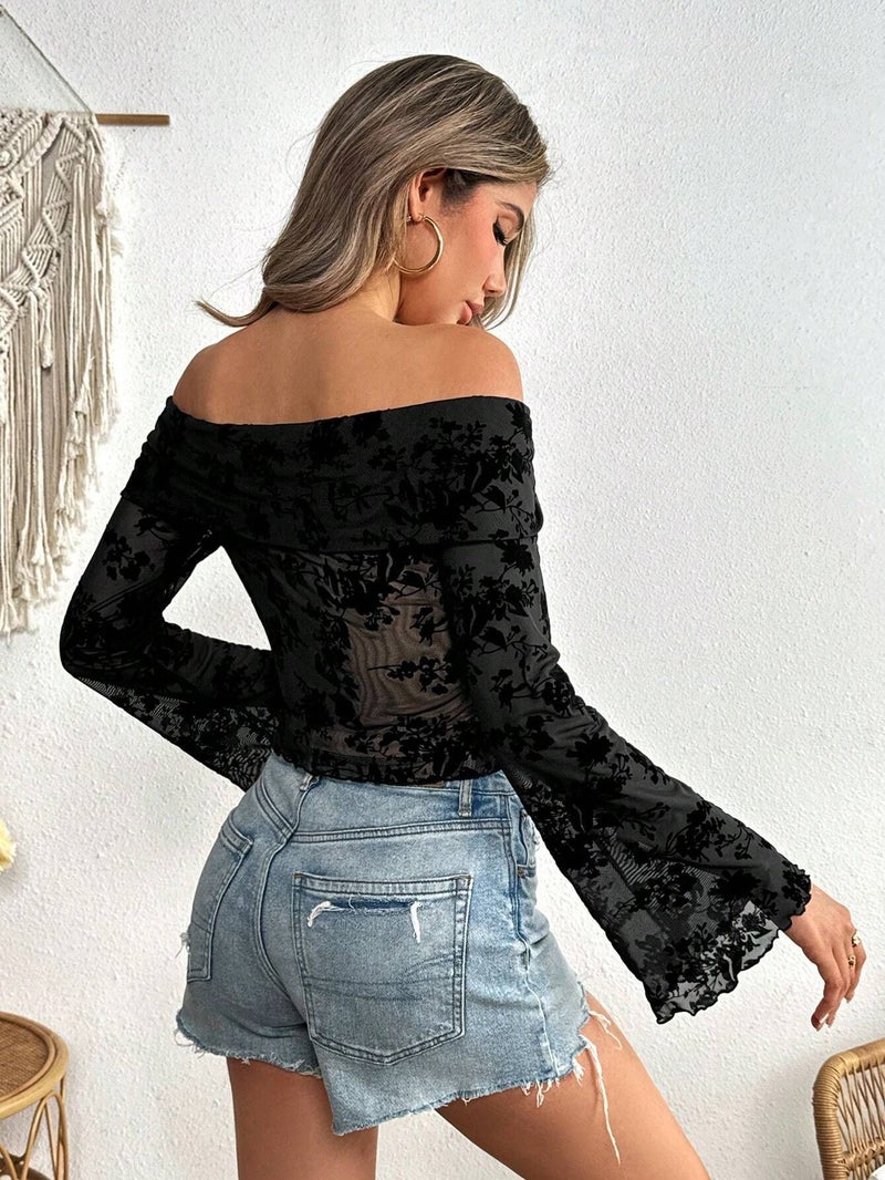Women's Knitted Mesh Flocked Floral Print Off-Shoulder Flared Sleeve Fitted T-Shirt Top - Image 2