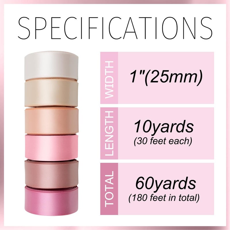 Mlurcu Pink Satin Ribbon 1 Inch Wide Light Pink Blush Pink Dusty Rose Ribbon Assorted Solid Color Double Faced Satin Ribbon for Flower Bouquet Wedding Invitation Crafts Gift Wrapping Hair Bows - 60Yds - Image 2