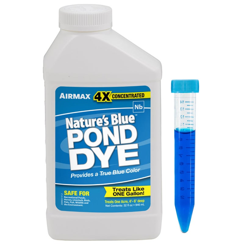 Airmax Natures Blue Pond Dye 4X Concentrate for Outdoor Ponds Lakes Natural Pond Colorant Beauty Enhancer Block Ultraviolet Rays Fish Bird Livestock Safe Easy Liquid Application 1 Quart