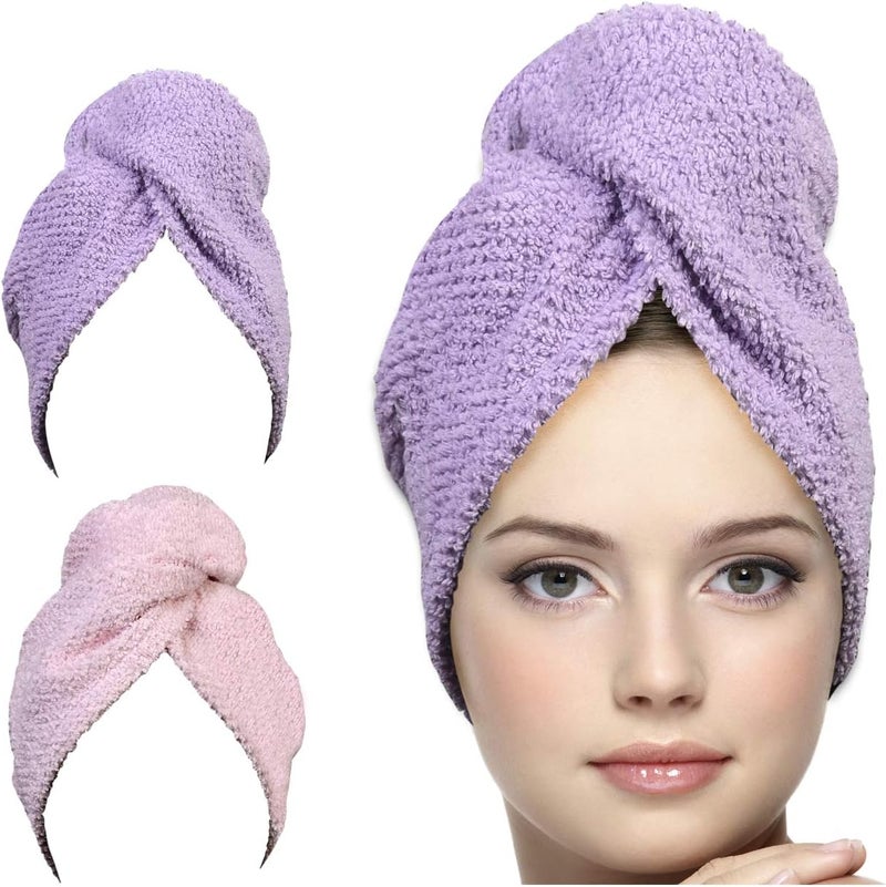 KEEPOZ Hair Towel Wrap Quick Dry 100 Cotton Super Absorbent Turban Head Wrap for Women with Button Non Microfiber Anti Frizz Hair Products Hair Cap for Curly Long Lilac Pink Check 2 Pcs