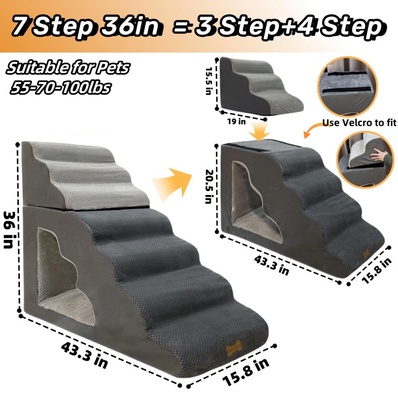Necrely 7-Step Dog Stairs for 36 Inch High Beds Small Dogs, Pet Ramp Stairs 20-42 Inch Couch Bed, Non-Slip Balanced Stairs 75lbs for Small Old Large Dogs Cats to Get on Bed - Image 2