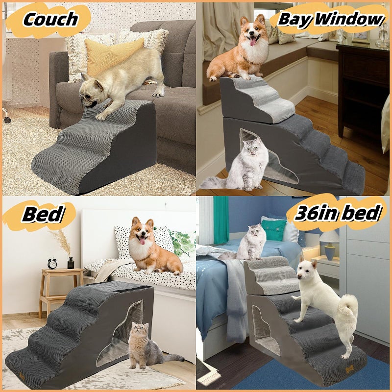 Necrely 7-Step Dog Stairs for 36 Inch High Beds Small Dogs, Pet Ramp Stairs 20-42 Inch Couch Bed, Non-Slip Balanced Stairs 75lbs for Small Old Large Dogs Cats to Get on Bed - Image 3