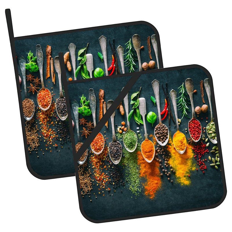 JASAKOO Colourful Various Herbs Pot Holders Set of 2 Heat Resistant & Non Slip Potholders, Spices for Cooking Oven Hot Pads for Kitchen Cooking Baking Barbecue - Image 1