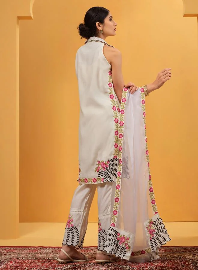 ISHIN Women's White Cotton Embroidered Tunic Upperwear Knee Length Palazzo Bottomwear Straight Fit 3 Peice Kurta Set