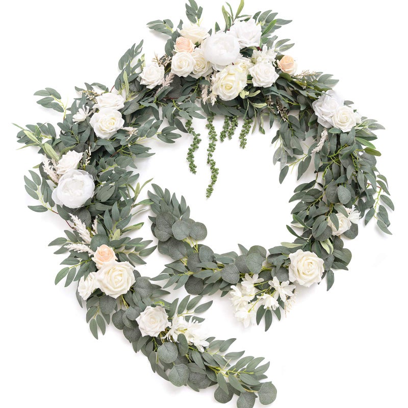 Ling's moment Lings Moment 9FT Spring Flower Garland for Backdrop Decorations  Wedding Arch Flowers Eucalyptus  Rose Artificial Floral Garland for Mantel  Sweetheart Table Decor for Reception White  Sage 