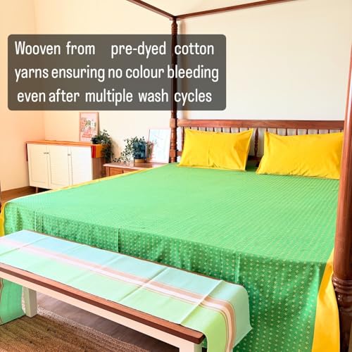 RANGBHAR 100% Cotton Handloom Premium Bedsheet with 2 Pillow Covers, Hand Woven Striped Bed Covers, 200 Thread Count, Elegant Bedcover Flat Sheet, 90 X 100 inches - Green Yellow, 200 TC - Image 3