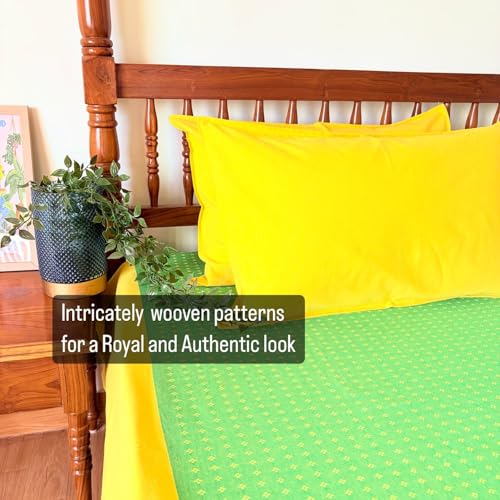 RANGBHAR 100% Cotton Handloom Premium Bedsheet with 2 Pillow Covers, Hand Woven Striped Bed Covers, 200 Thread Count, Elegant Bedcover Flat Sheet, 90 X 100 inches - Green Yellow, 200 TC - Image 4