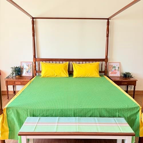 RANGBHAR 100% Cotton Handloom Premium Bedsheet with 2 Pillow Covers, Hand Woven Striped Bed Covers, 200 Thread Count, Elegant Bedcover Flat Sheet, 90 X 100 inches - Green Yellow, 200 TC - Image 1
