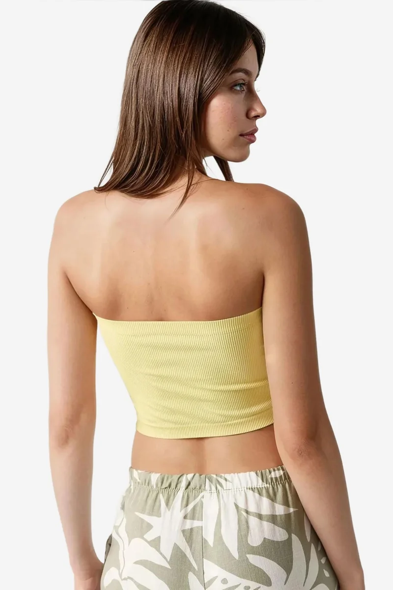 Hiccup Lemon Yellow Slim Fit Strapless Ribbed Crop Top for Women | Best Price UAE