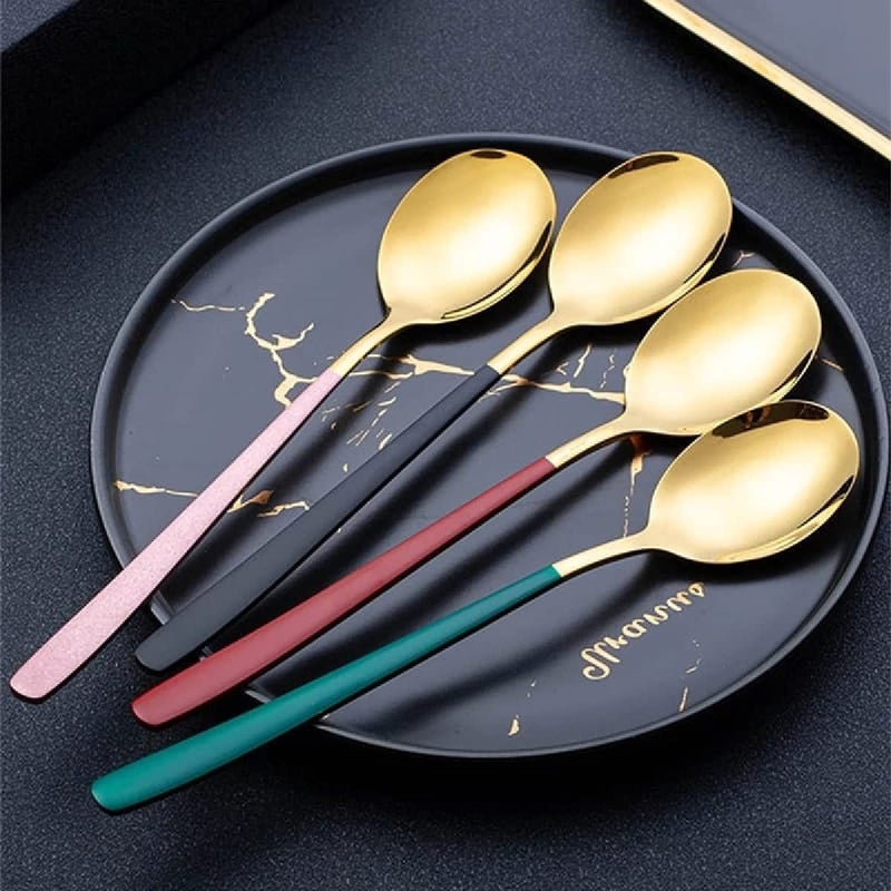 Nathgra Stainless Steel Golden Spoons for Soup Round Colorful Dinner Spoons Long Handle Table Spoon Set of 4 - Image 3