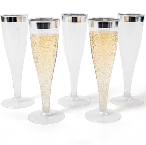 Prestee Set of 24 Silver Glitter Plastic Champagne Flutes  6 oz Capacity  Shatterproof Durable Disposable Glasses  Elegant Design  Ideal for Weddings Cocktail Parties and Outdoor Celebrations
