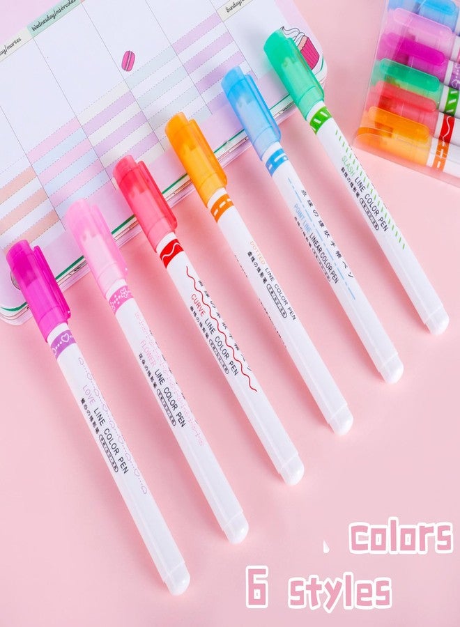 VGRASSP Linear Roller Curve Highlighter Pen Pack Of 6 Pens - Toy Set For Kids And Adults - Includes 6 Different Patterns and 6 Colors - Best For Decorating Scrapbook, Highlighting Text - Image 3