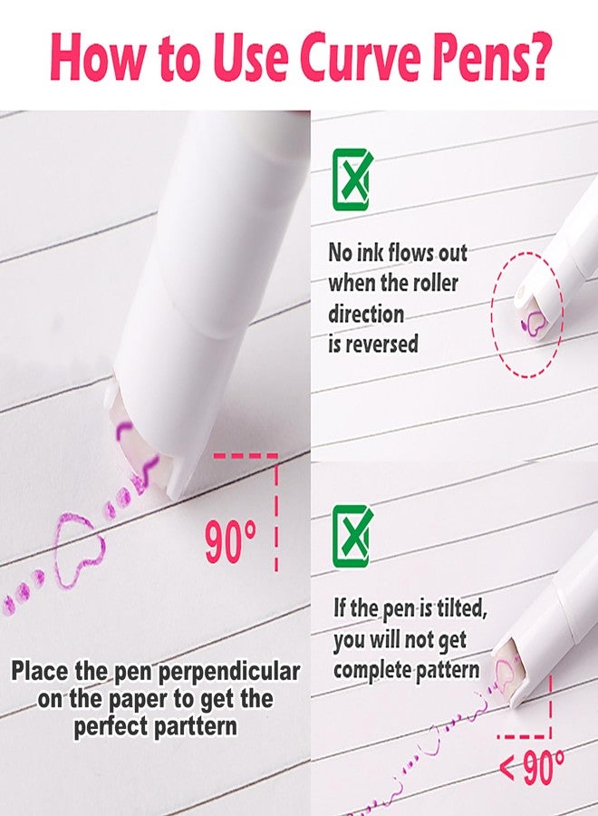 VGRASSP Linear Roller Curve Highlighter Pen Pack Of 6 Pens - Toy Set For Kids And Adults - Includes 6 Different Patterns and 6 Colors - Best For Decorating Scrapbook, Highlighting Text - Image 2