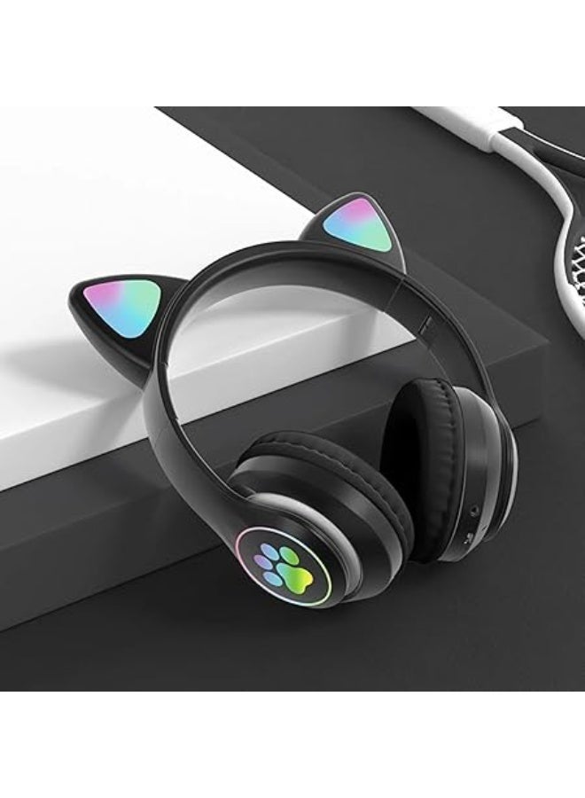 سماعات بلوتوث لاسلكية STN-28 بتصميم أذن قطة مع أضواء LED وميكروفون مدمج للأطفال والمراهقين، قابلة للطي، للألعاب والموسيقى، تتميز بصوت جهير قوي، وعمر بطارية طويل، وأوضاع سلكية ولاسلكية للسفر والمدرسة والترفيه اليومي. - اسود - Image 2
