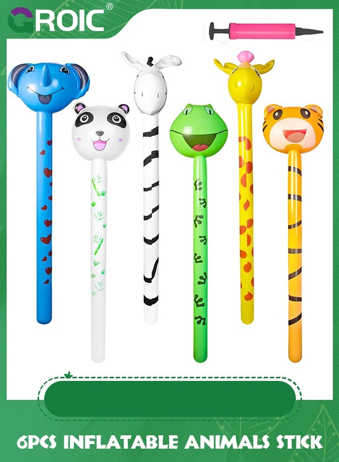 GROIC 6 Pcs Inflatable Animals Stick with Balloon Pump - Jungle Safari Animal Balloons Stick Blow Up Toys for Kids, Animal Theme Birthday Party Favors and Decorations Party Supplies - Image 1