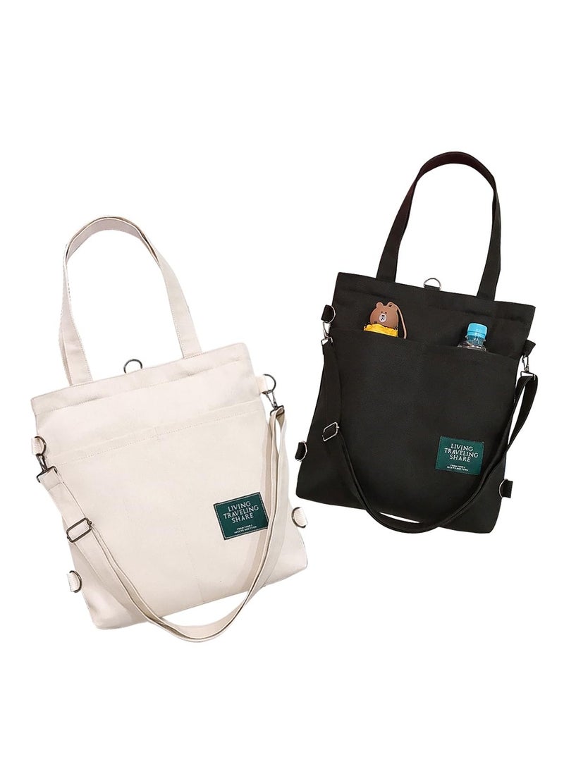 2-Pack Canvas Tote Bags for Women - Beige & Black Crossbody Shoulder Handbags with Inner Zipper Pocket, Spacious Design, Ideal for Work, Shopping, and Travel.  - Image 1