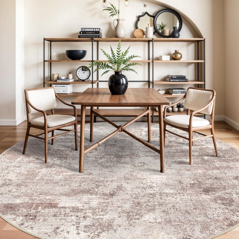 RUUGME Washable Abstract 9ft Round Rugs - Large Rugs for Living Room Non Slip Indoor Entryway Carpet Bedroom Kitchen Distressed Stain Resistant Floor Decor Mat Machine Washable 9ft Brick/Brown/Beige - Image 3