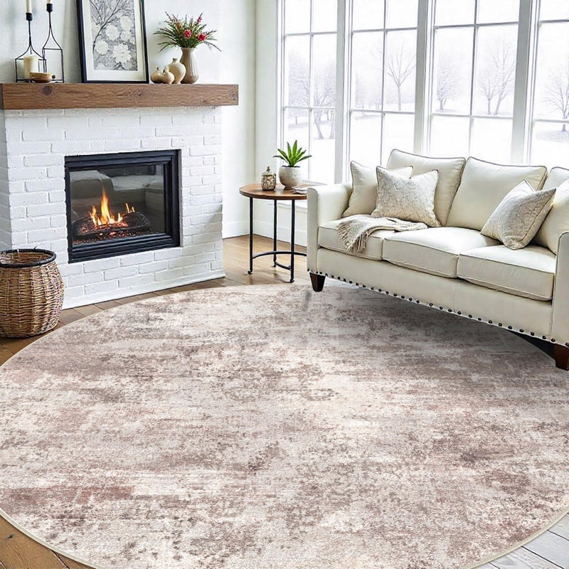 RUUGME Washable Abstract 9ft Round Rugs - Large Rugs for Living Room Non Slip Indoor Entryway Carpet Bedroom Kitchen Distressed Stain Resistant Floor Decor Mat Machine Washable 9ft Brick/Brown/Beige - Image 1