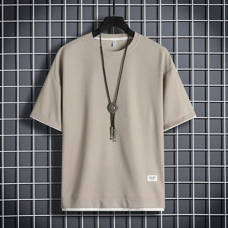 Waffle Short-Sleeved T-Shirt Men'S Youth Handsome Fashion Round Neck Fake Two-Piece Boys' Sports Top - Image 1