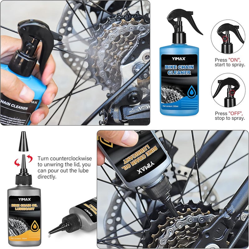 YIMAX Bike Chain Cleaner Set - 100ML Chain Lube & 300ML Cleaning Spray with Brushes - Image 4