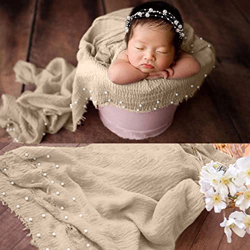 SPOKKI 2 PCS Baby Props Photography Wrap Kit, Newborn Photography Props, Handmade Pearl Wrap Blanket for Baby Photo Props with Pearl Headband, 35.5 X 67 inch Newborn Outfits for Photography (Beige) - Image 5