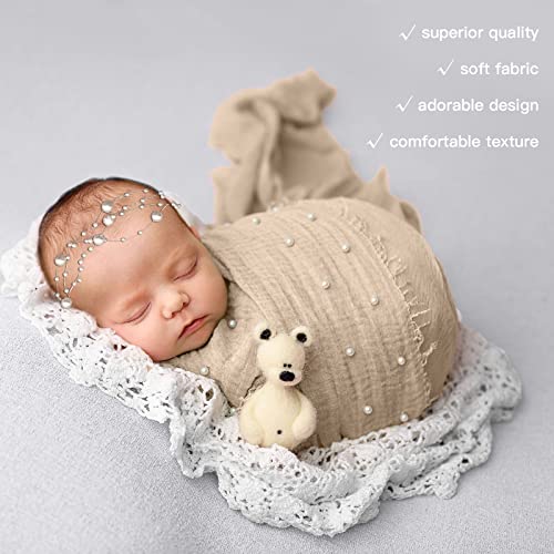 SPOKKI 2 PCS Baby Props Photography Wrap Kit, Newborn Photography Props, Handmade Pearl Wrap Blanket for Baby Photo Props with Pearl Headband, 35.5 X 67 inch Newborn Outfits for Photography (Beige) - Image 4