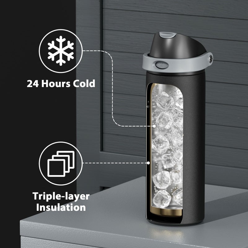 Meoky 24 oz Insulated Water Bottle for Sports: Meoky Stainless Steel Water Bottle with 2-in-1 Straw and Spout Lid - Leak Proof, Cold for 24 Hours, Fits in Car Cup Holder, BPA-Free for Travel Gym, Night - Image 5