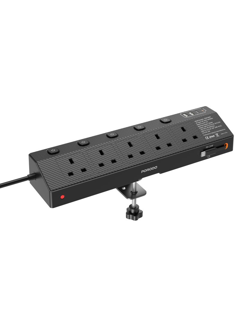 porodo VOLTGUARD Multi-Port Power Socket with 5 AC & 4 Smart USB Ports and 3250W Max Rated Power / Power Extension PD20W / Multi Functional Power Extension / Smart USB Ports / Retractable Type-C Cable - Black - Image 1
