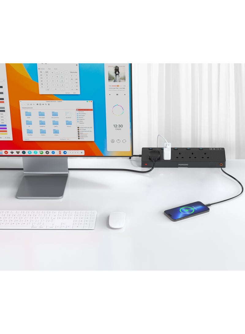 porodo VOLTGUARD Multi-Port Power Socket with 5 AC & 4 Smart USB Ports and 3250W Max Rated Power / Power Extension PD20W / Multi Functional Power Extension / Smart USB Ports / Retractable Type-C Cable - Black - Image 4