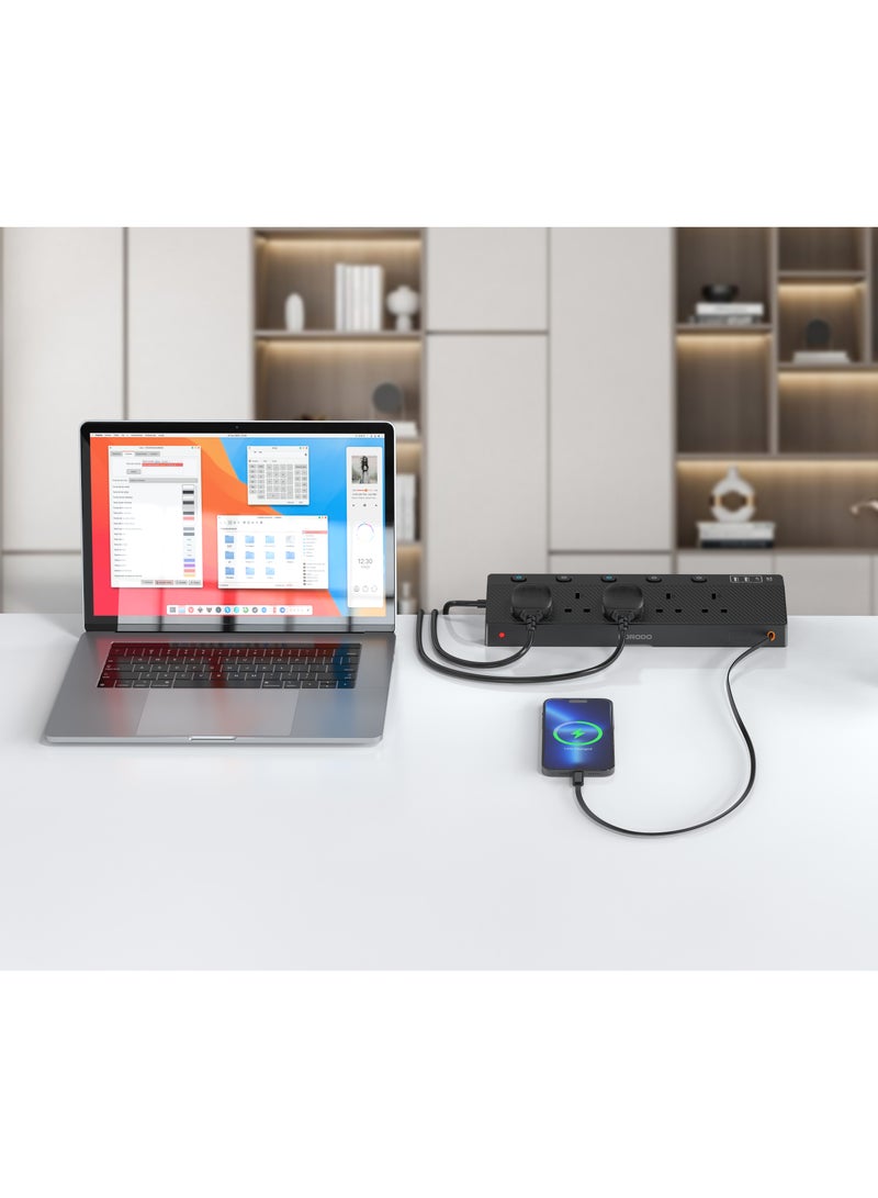 porodo VOLTGUARD Multi-Port Power Socket with 5 AC & 4 Smart USB Ports and 3250W Max Rated Power / Power Extension PD20W / Multi Functional Power Extension / Smart USB Ports / Retractable Type-C Cable - Black - Image 3
